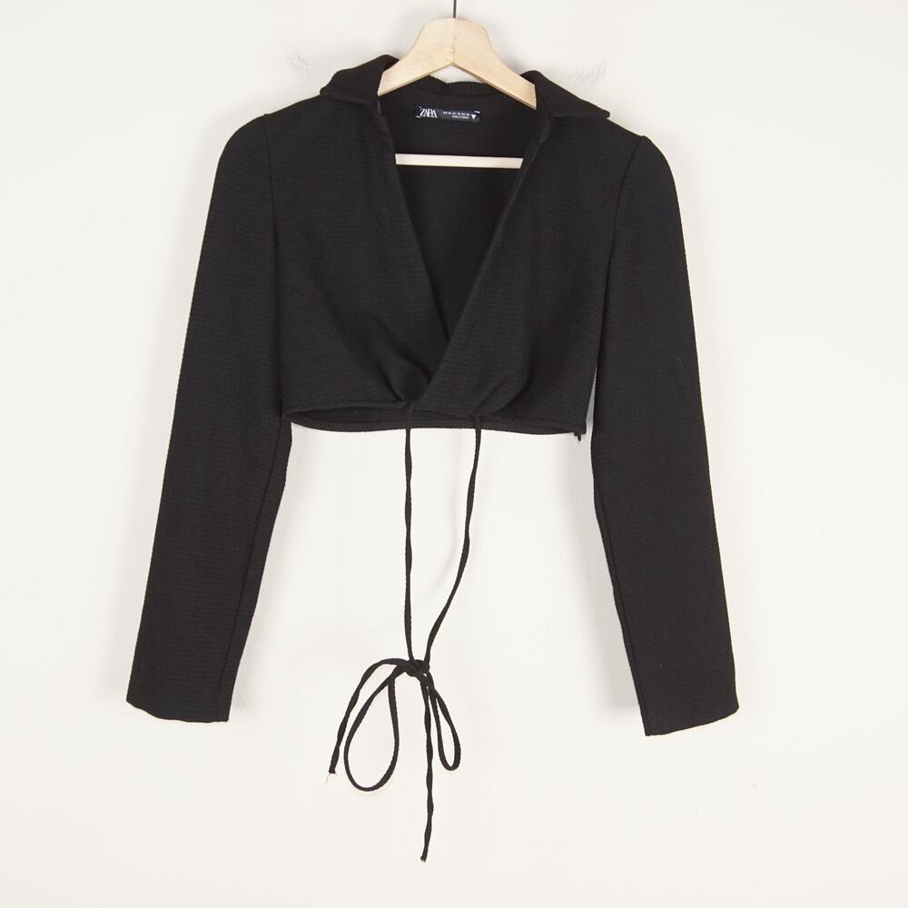 Zara Black Faux Wrap Tie Waist Crop Top Long Sleeve Womens Sz XS